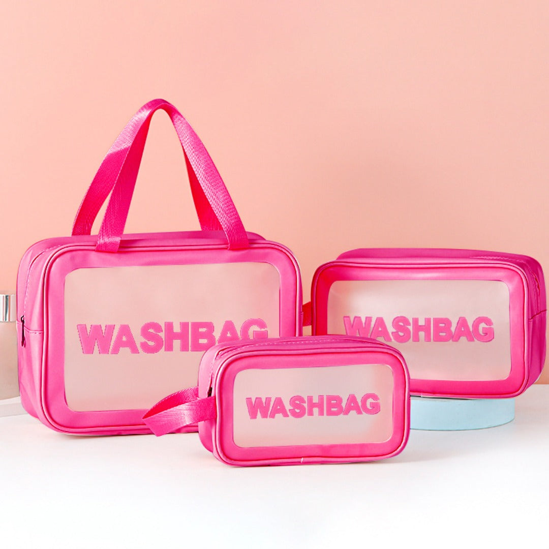 Pink frosted PVC washbag set: large toiletry bag plus two matching zip pouches
