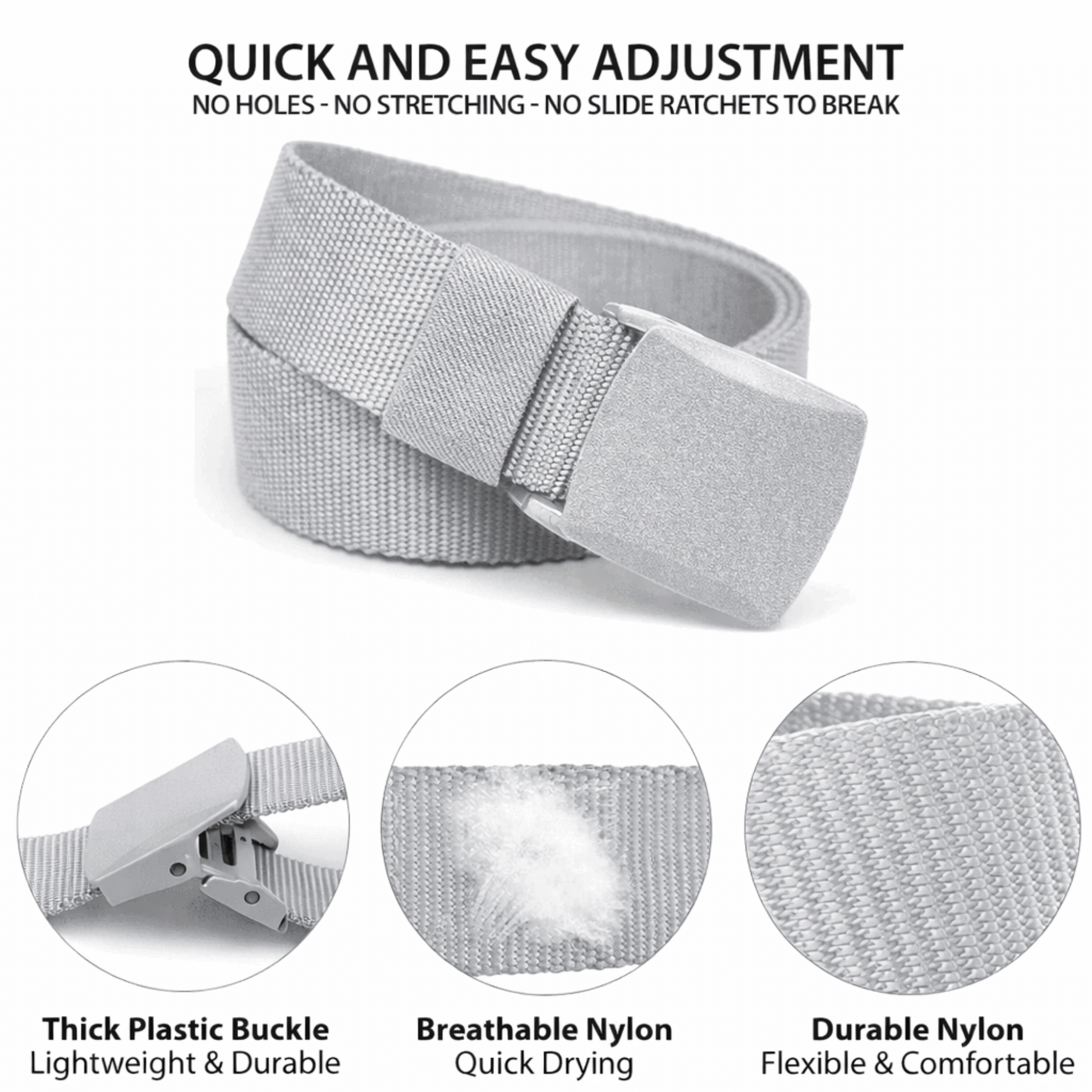 Adjustable nylon belt with plastic buckle, light grey strap with textured webbing.
