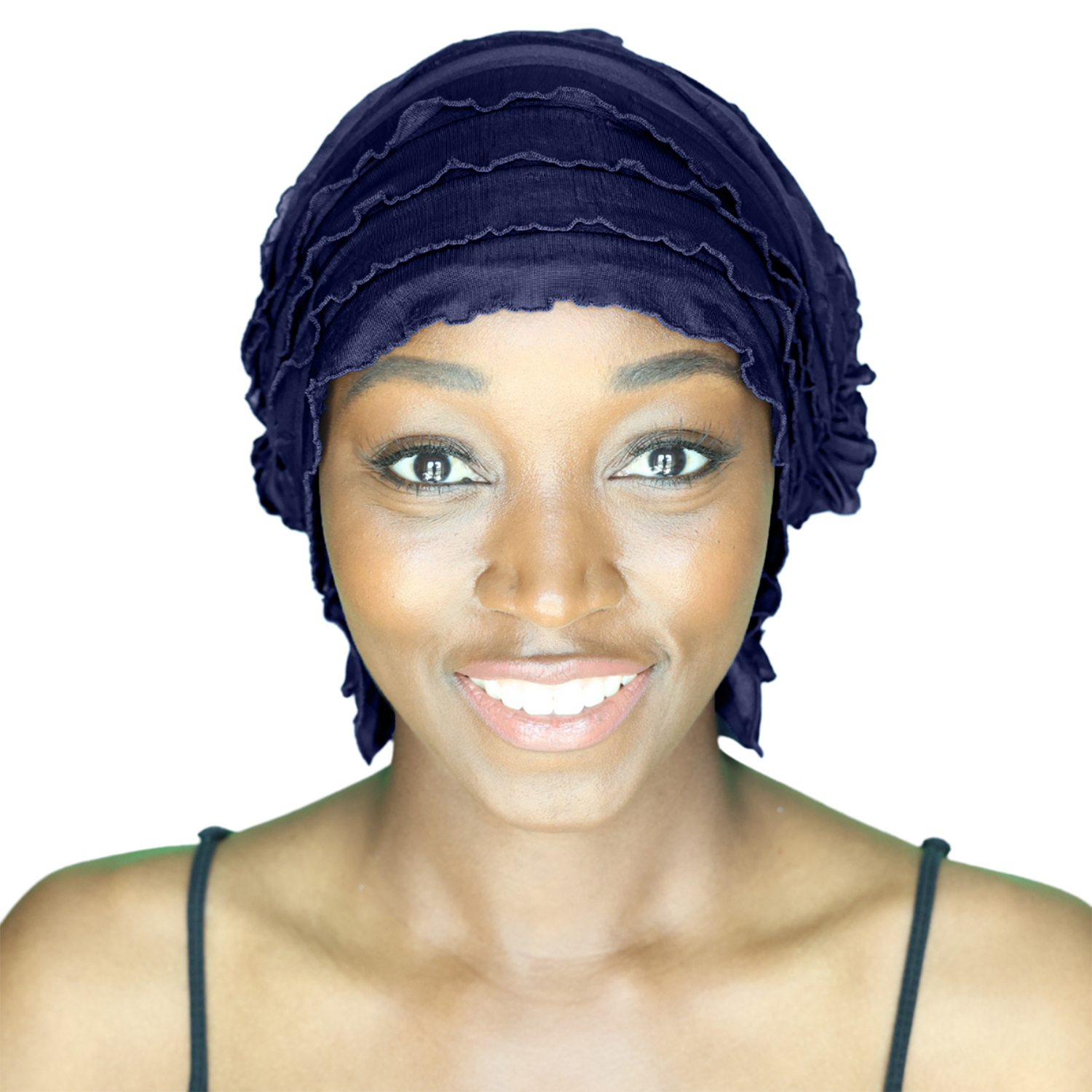 Navy chemo beanie with layered pleats and scalloped edge