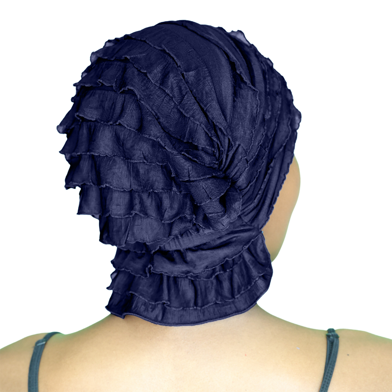 Navy chemo beanie with layered ruffle rows and ruched crown
