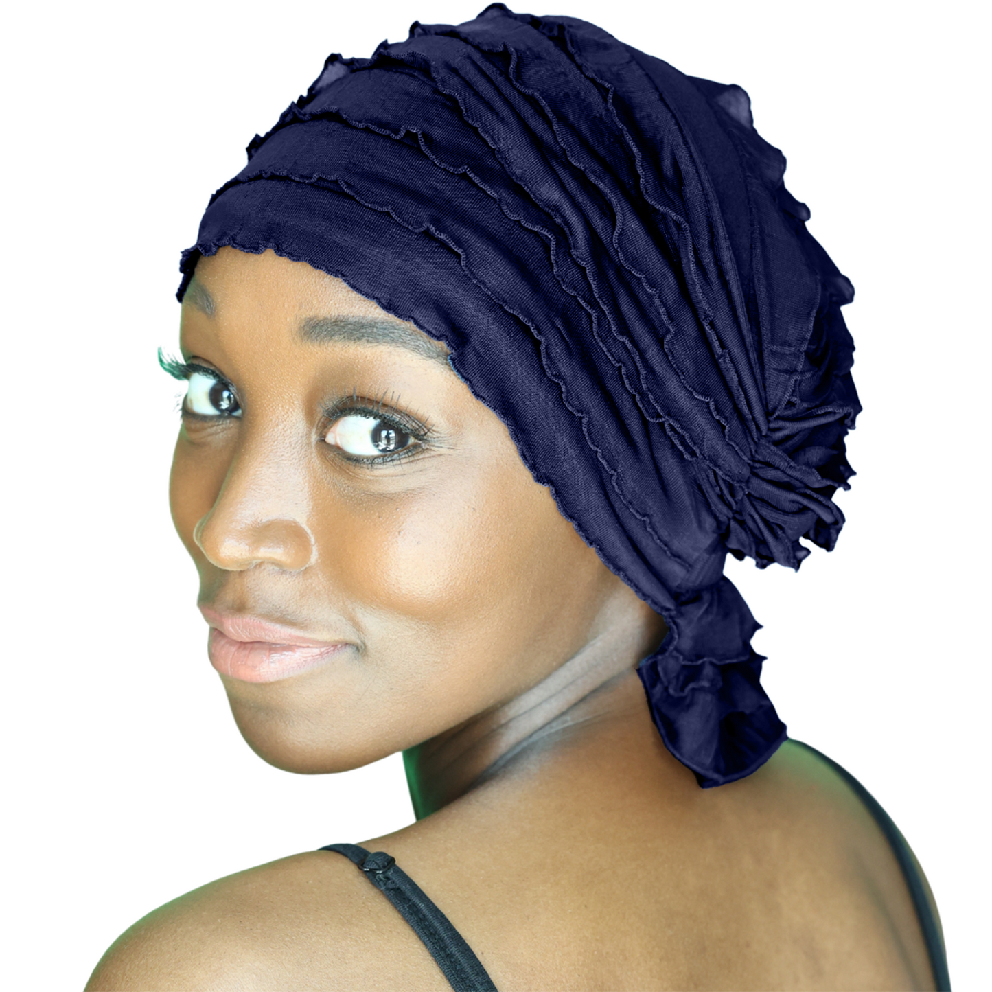 Navy chemo beanie with pleated bands and side drape bow
