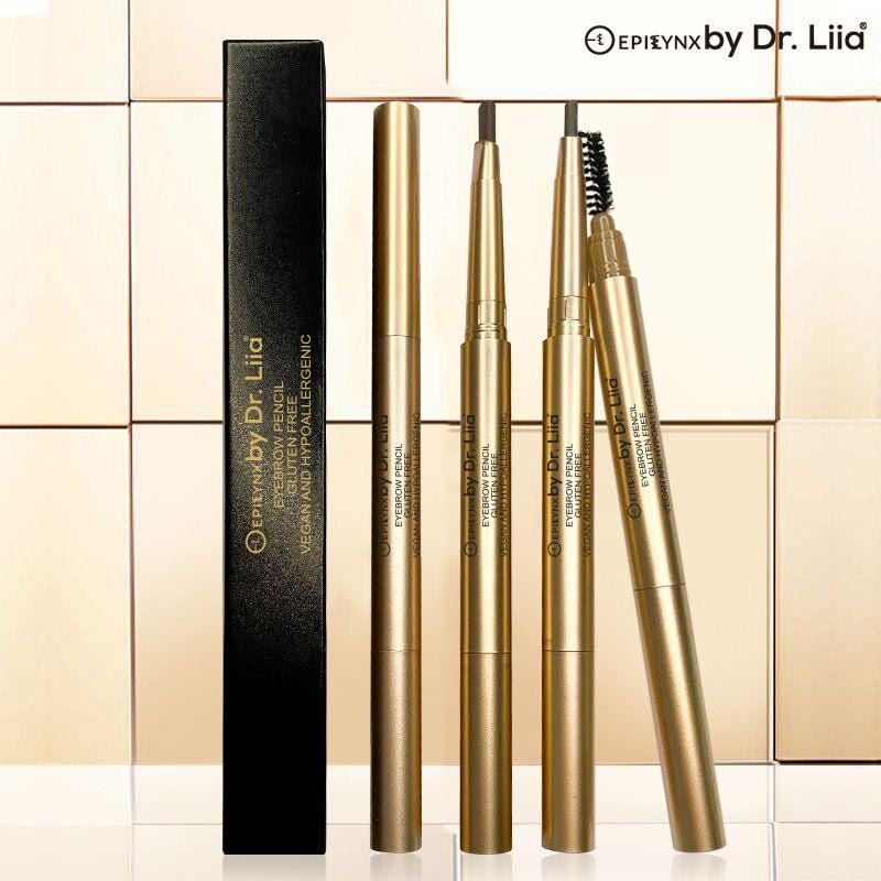Eyebrow pencil collection with spoolie brushes and gold barrels, plus a black box.