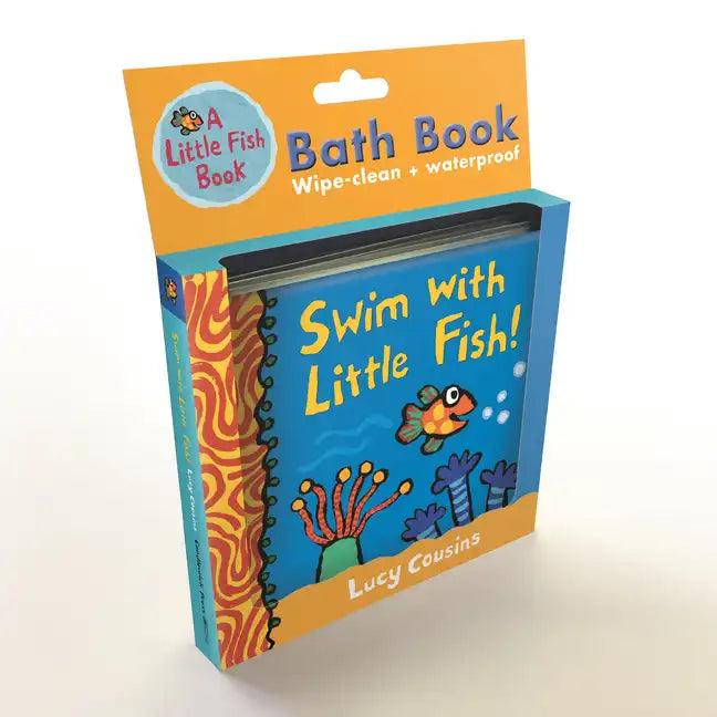 Vinyl-bound bath book, blue cover with cartoon fish and 'Swim with Little Fish!' title