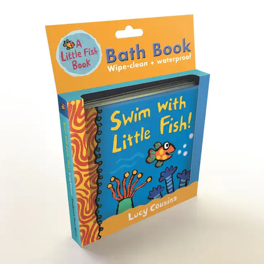 Vinyl-bound bath book, blue cover with cartoon fish and 'Swim with Little Fish!' title