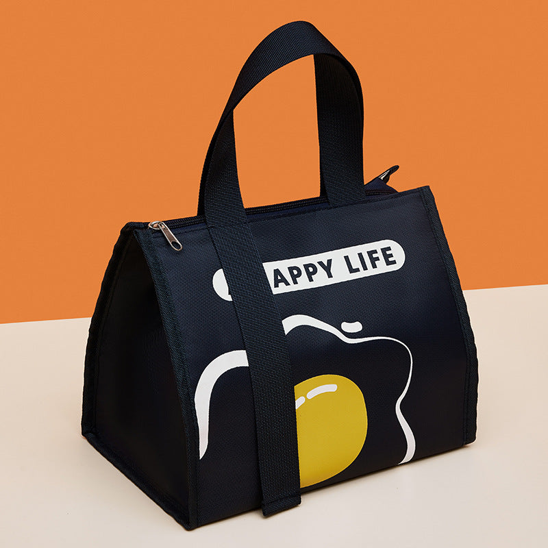 Insulated lunch bag in navy with “APPY LIFE” text and yellow egg graphic