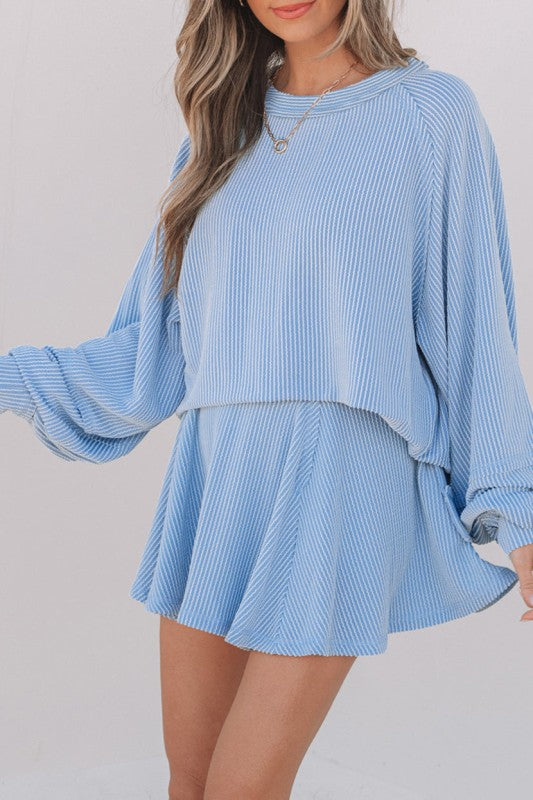 Sky blue corded top and ruffle mini skirt set, round neck, long sleeves