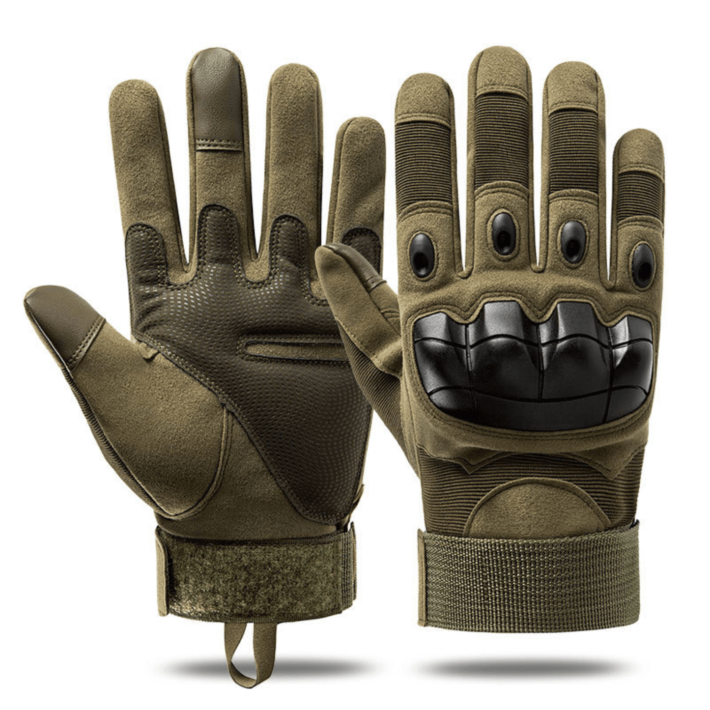 Tan tactical sports gloves, pair shown front view with knuckle pads and wrist strap.