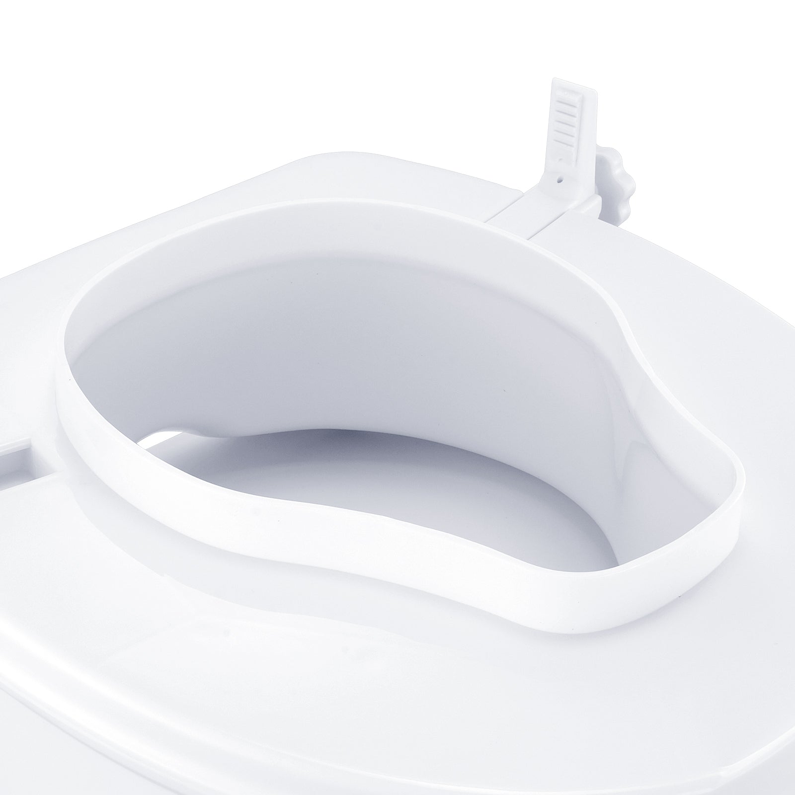 Close-up of raised toilet seat contoured opening with smooth plastic surface