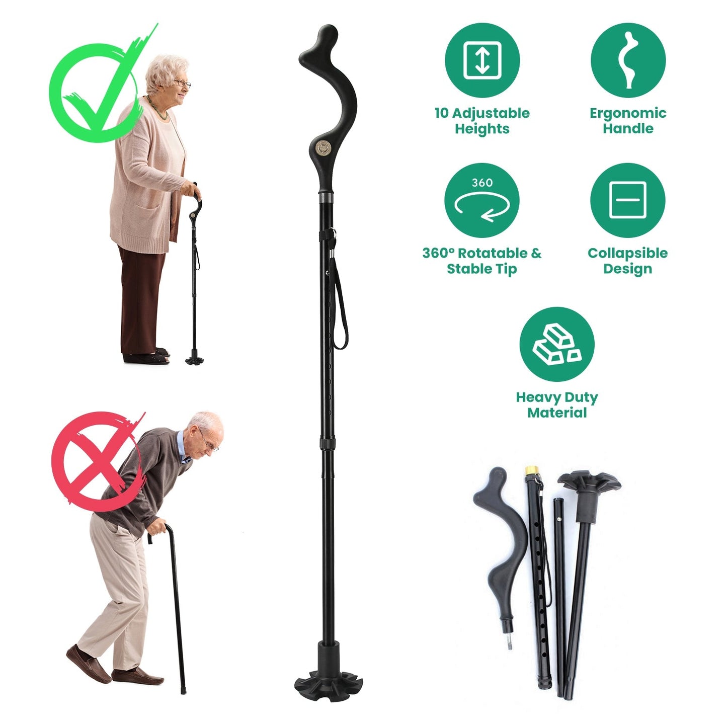 Black collapsible walking cane set with curved handle and folded legs with tips