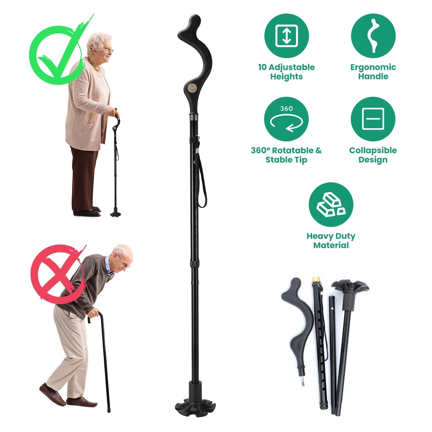 Black collapsible walking cane set with curved handle and folded legs with tips