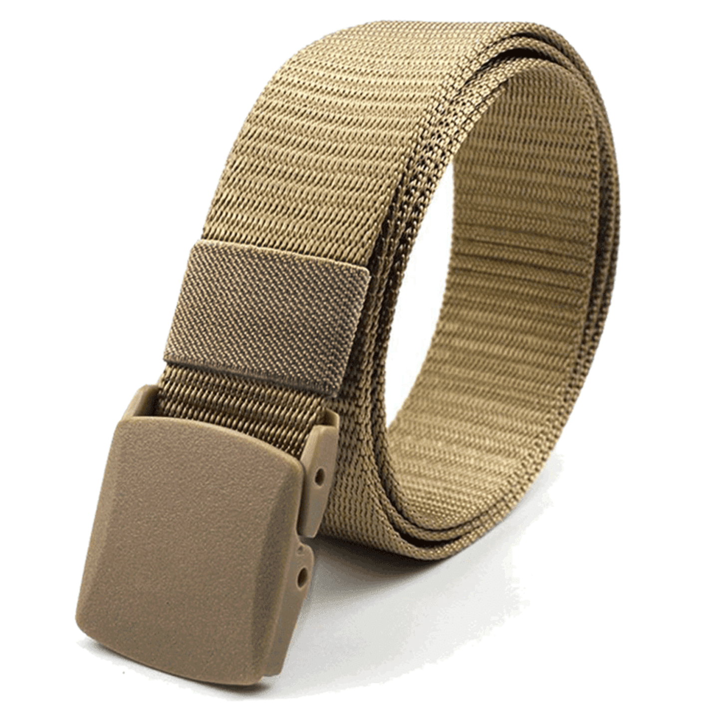 Adjustable nylon belt with plastic buckle, khaki webbing and rounded plastic buckle plate.
