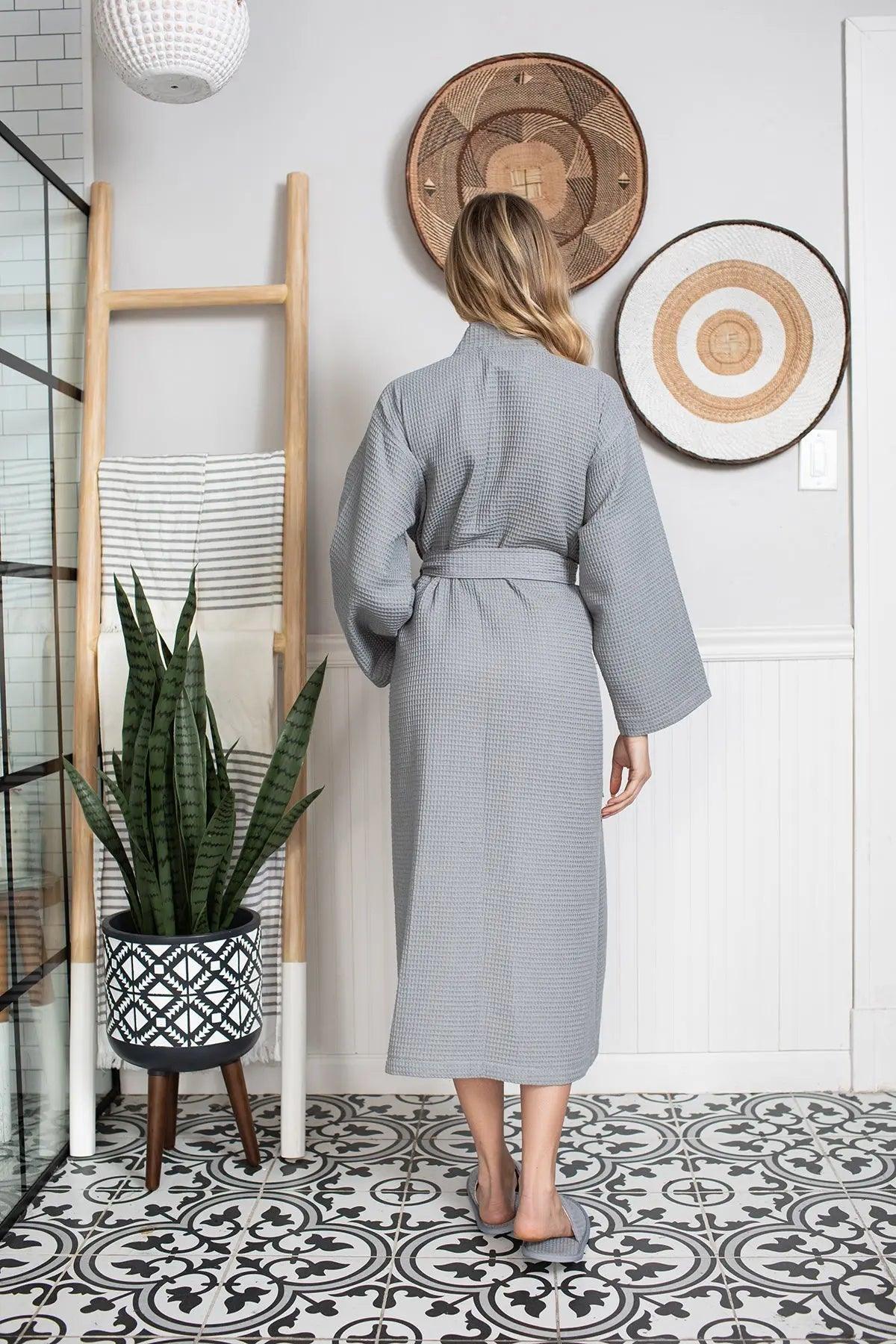 Womens waffle robe, light gray, long sleeves, belted waist, back view, midi length.