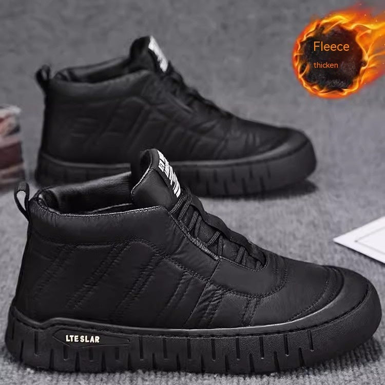 Black high-top lace-up winter boots with quilted look and deep tread outsole