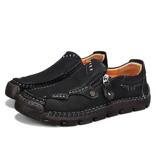 Plus-size breathable casual shoes, black moc-toe with zipper strap and treaded sole