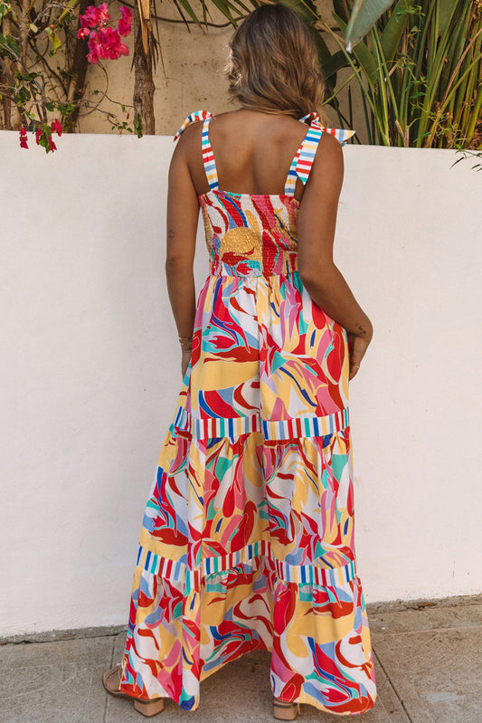 Multicolor tiered maxi sundress with striped back yoke and bow-tie shoulder straps