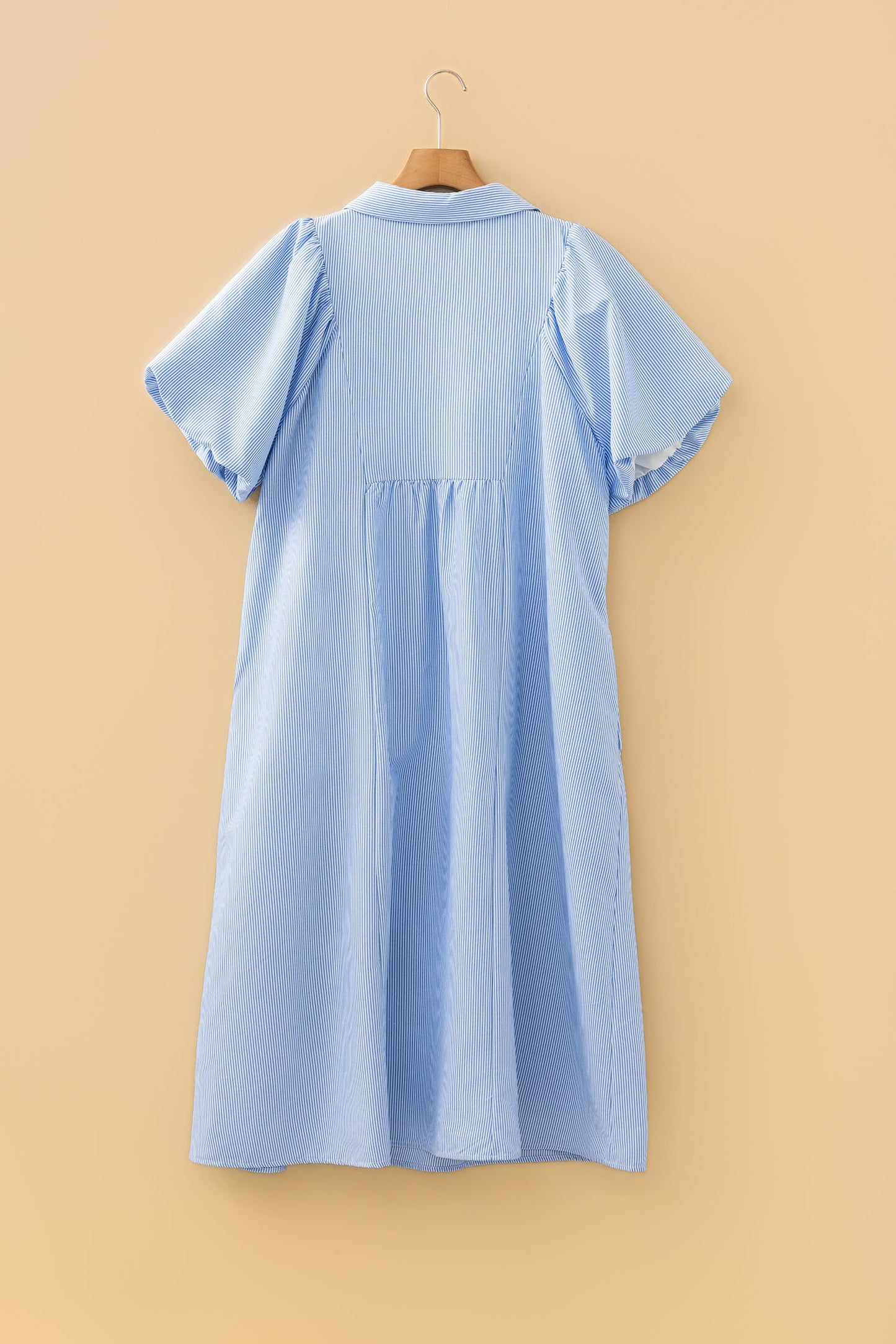Sky blue striped midi dress with puff sleeves and gathered skirt
