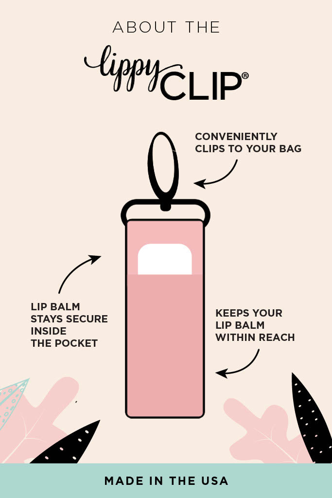 Lippy Clip product illustration with text explaining its features on a beige background.