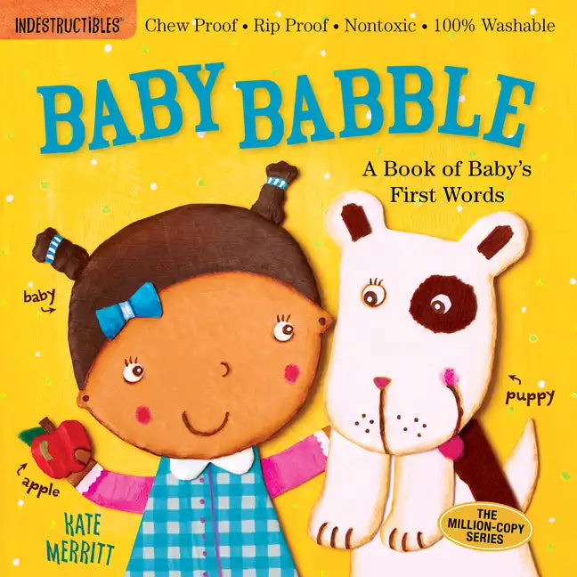 Baby Babble board book cover with baby and puppy illustrations, 'A Book of Baby’s First Words'.