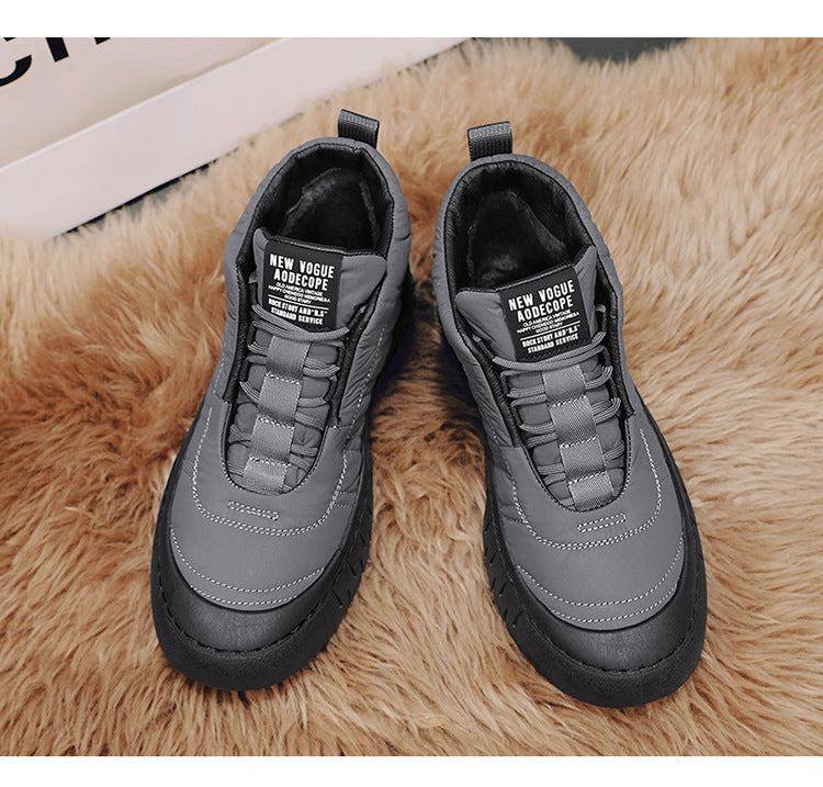 Gray high-top lace-up winter boots with padded tongue and grippy rubber sole