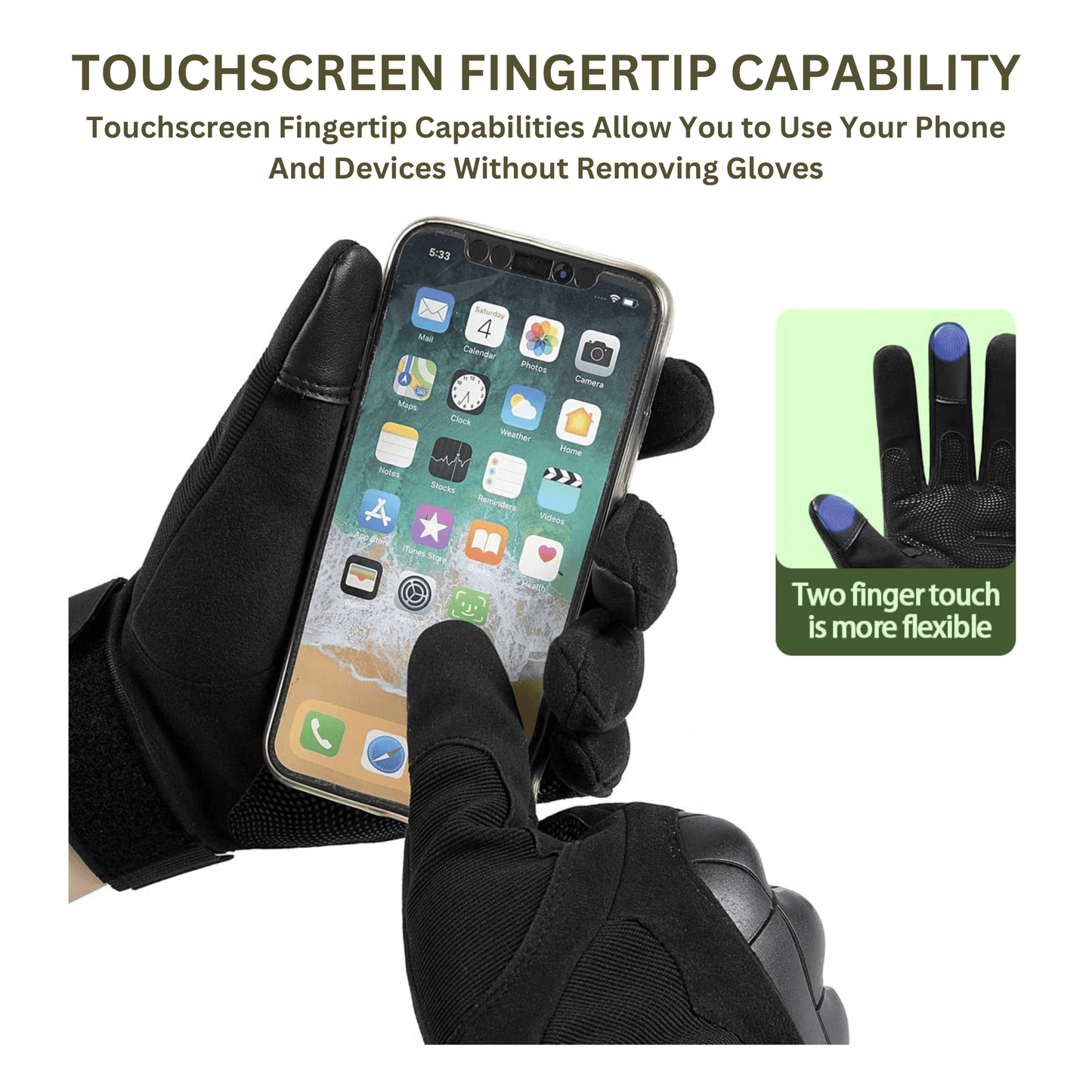 Black tactical gloves with touchscreen fingertips for using a phone without removing