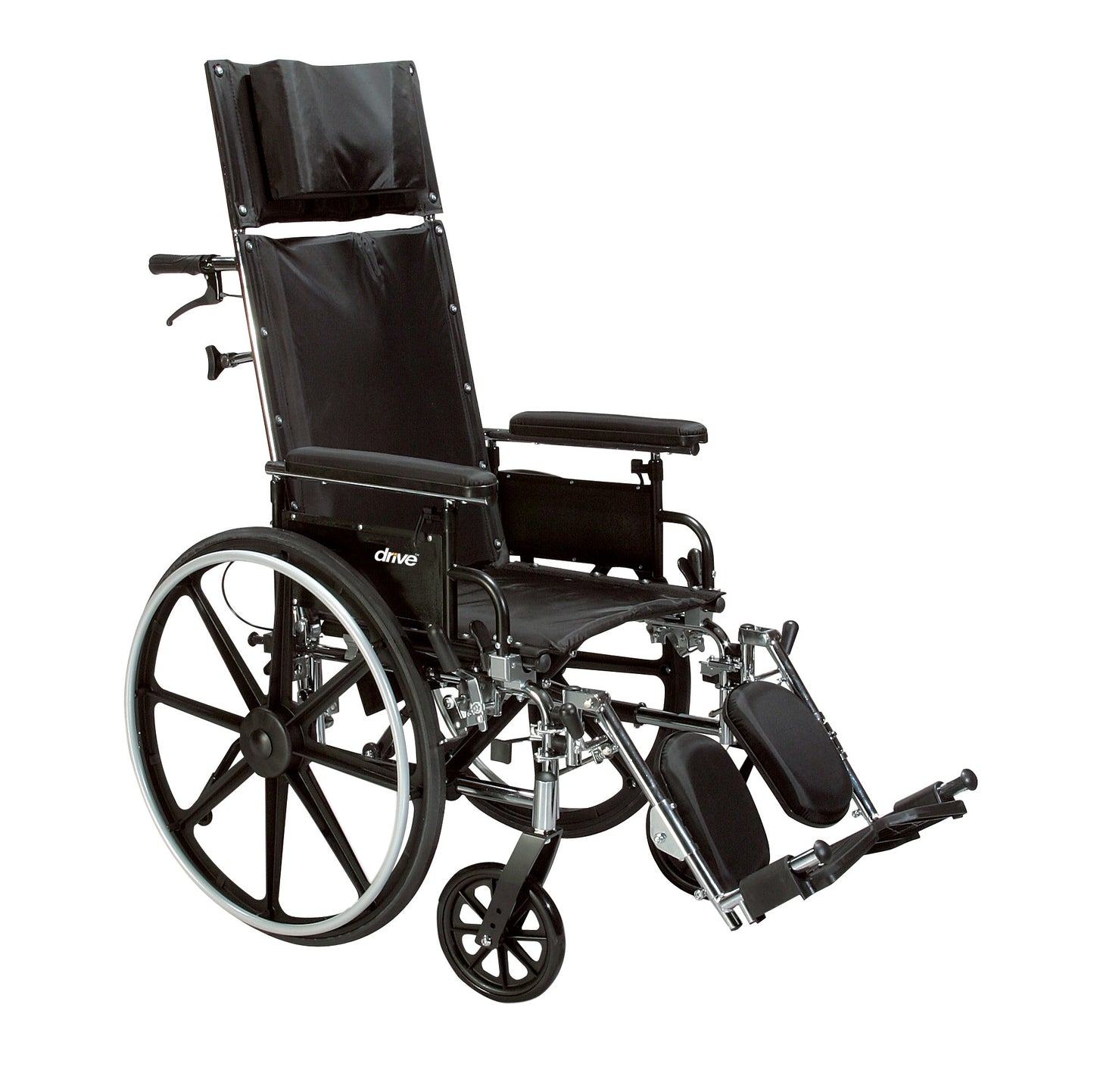 Reclining wheelchair with detachable full arms, black frame and dark seat, 16-inch seat size