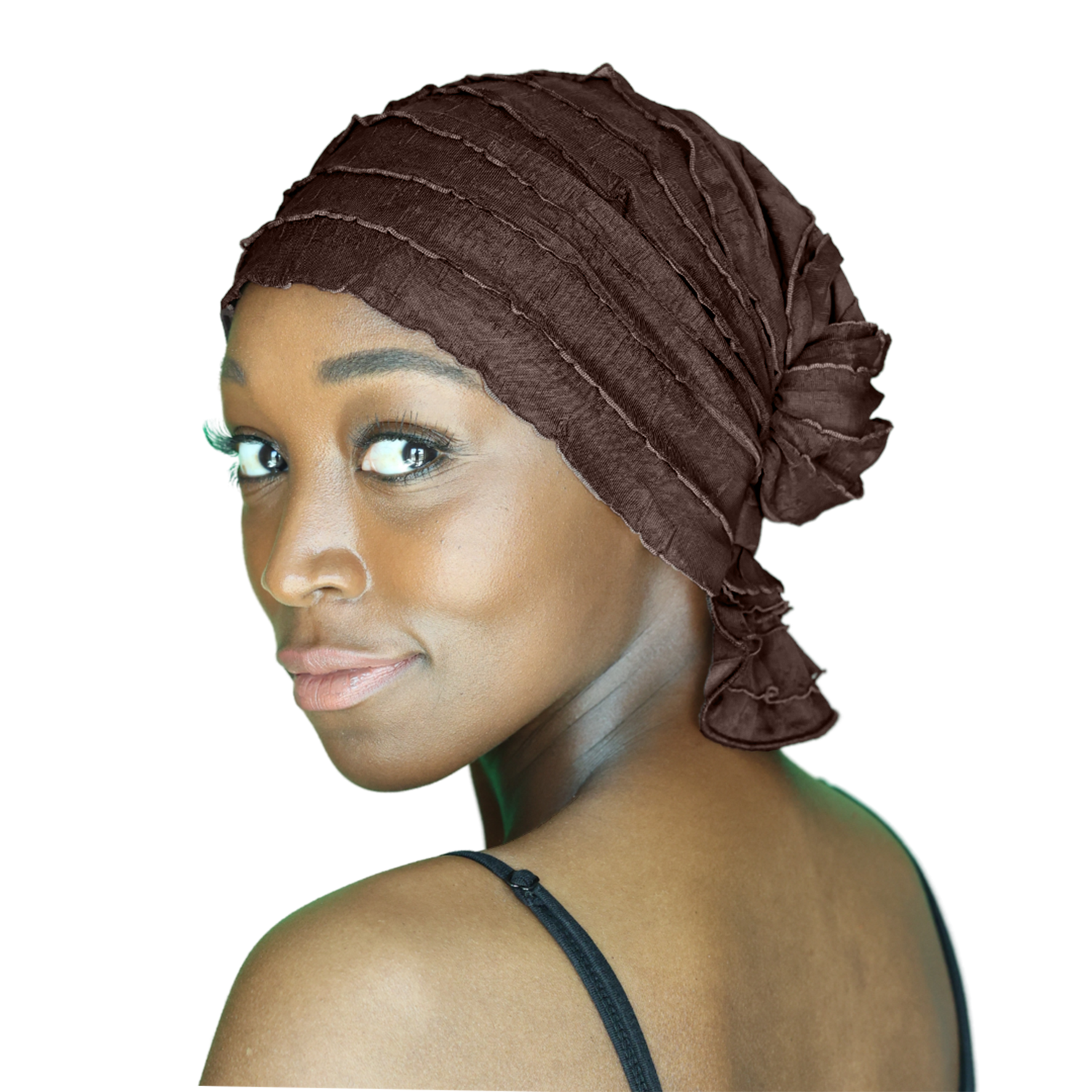 Brown ruched chemo beanie with braided wrap and side ruffle, worn on head