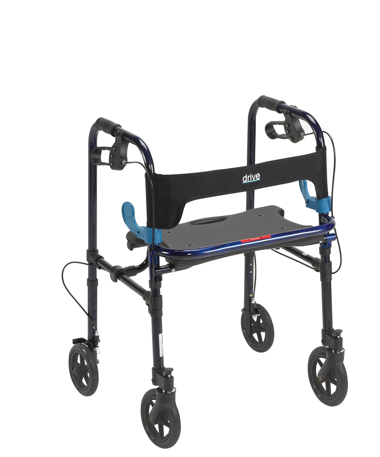 Adult rollator walker with blue accents, padded seat, and 8 in wheels