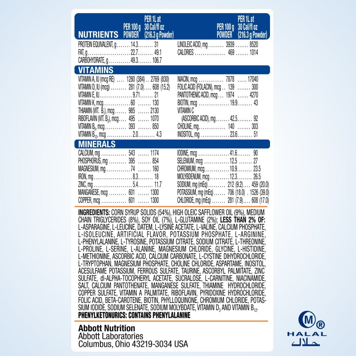 EleCare Jr vanilla nutrition powder back label with nutrients, vitamins, and minerals