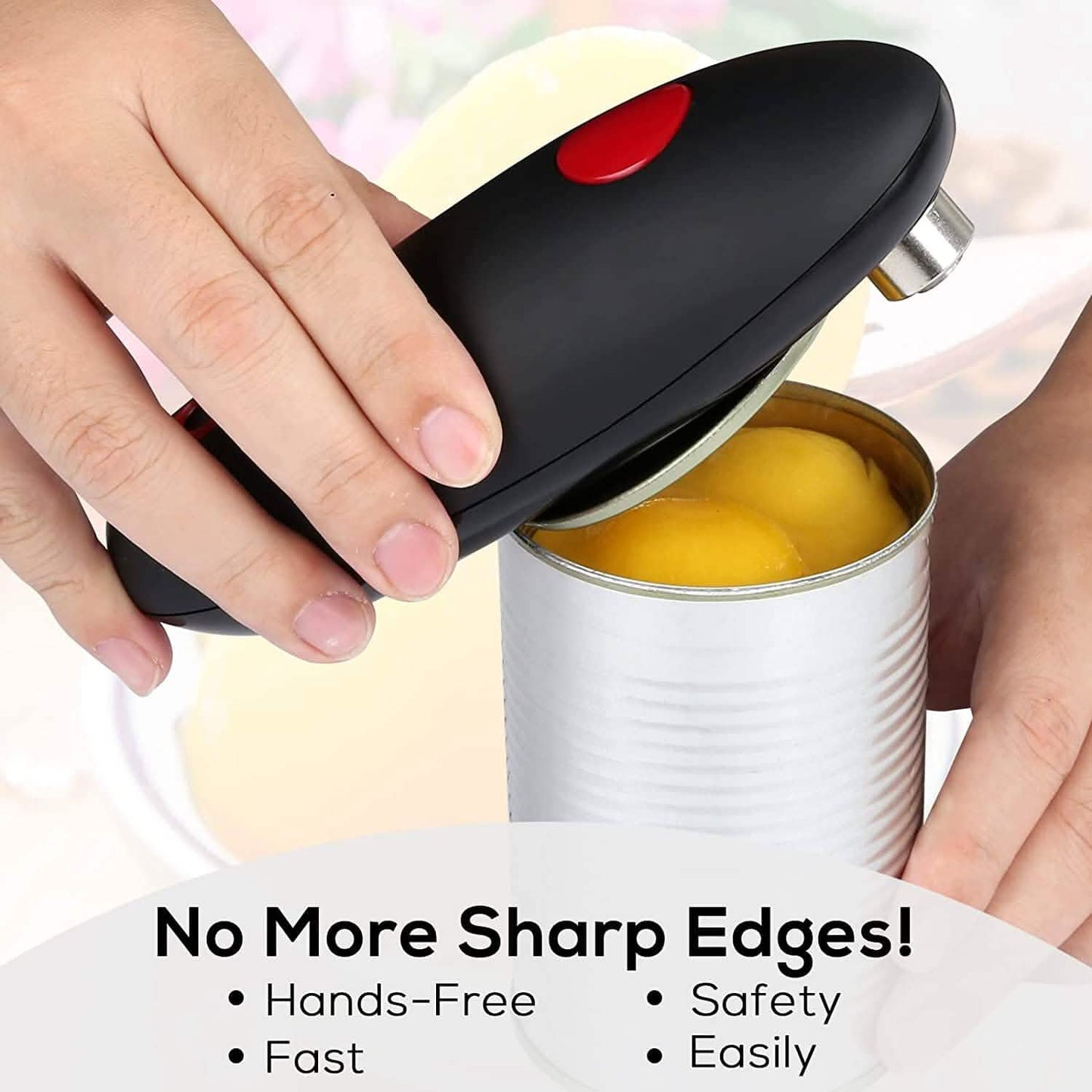 Electric can opener with one-touch button opening a metal can of peaches