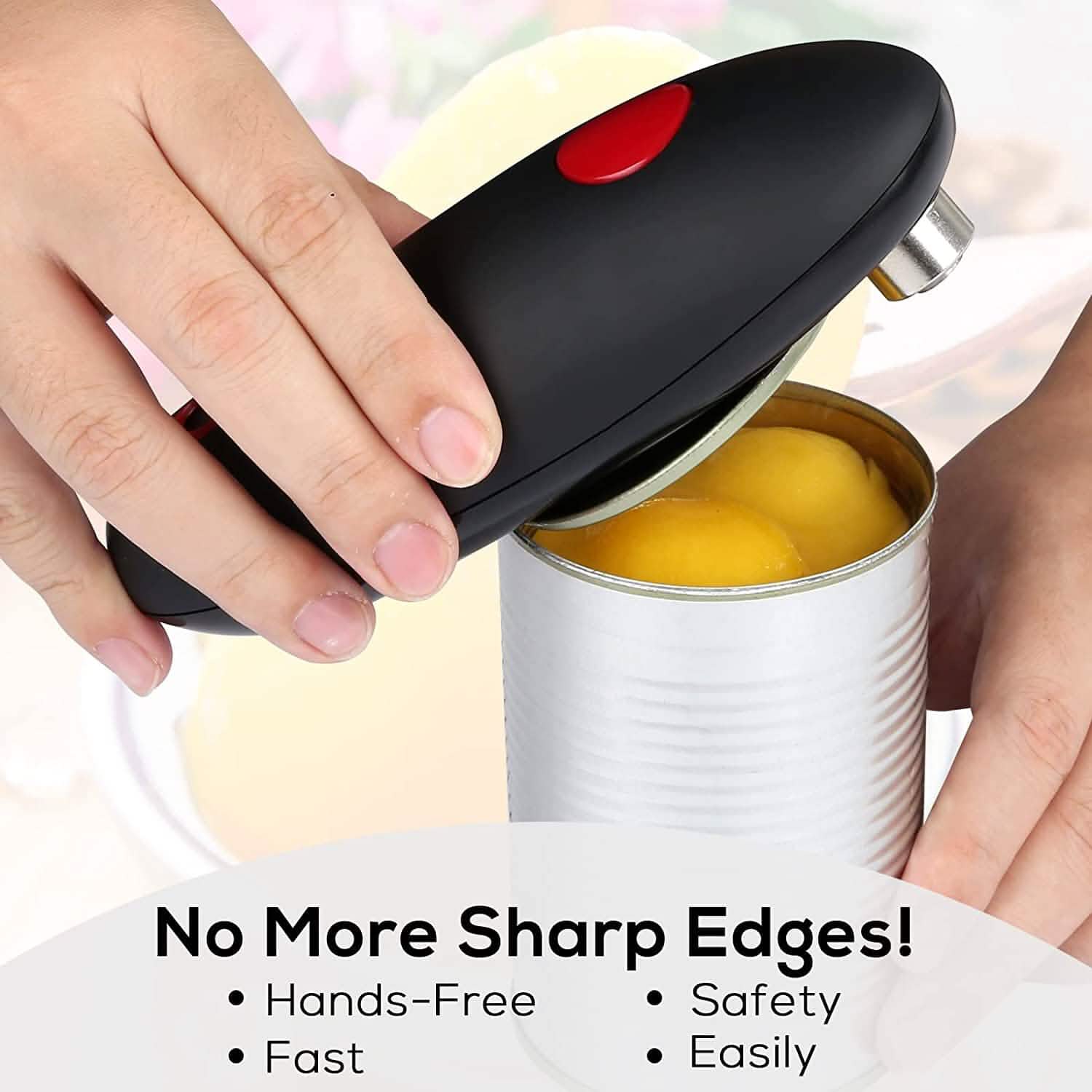 Electric can opener with one-touch button opening a metal can of peaches