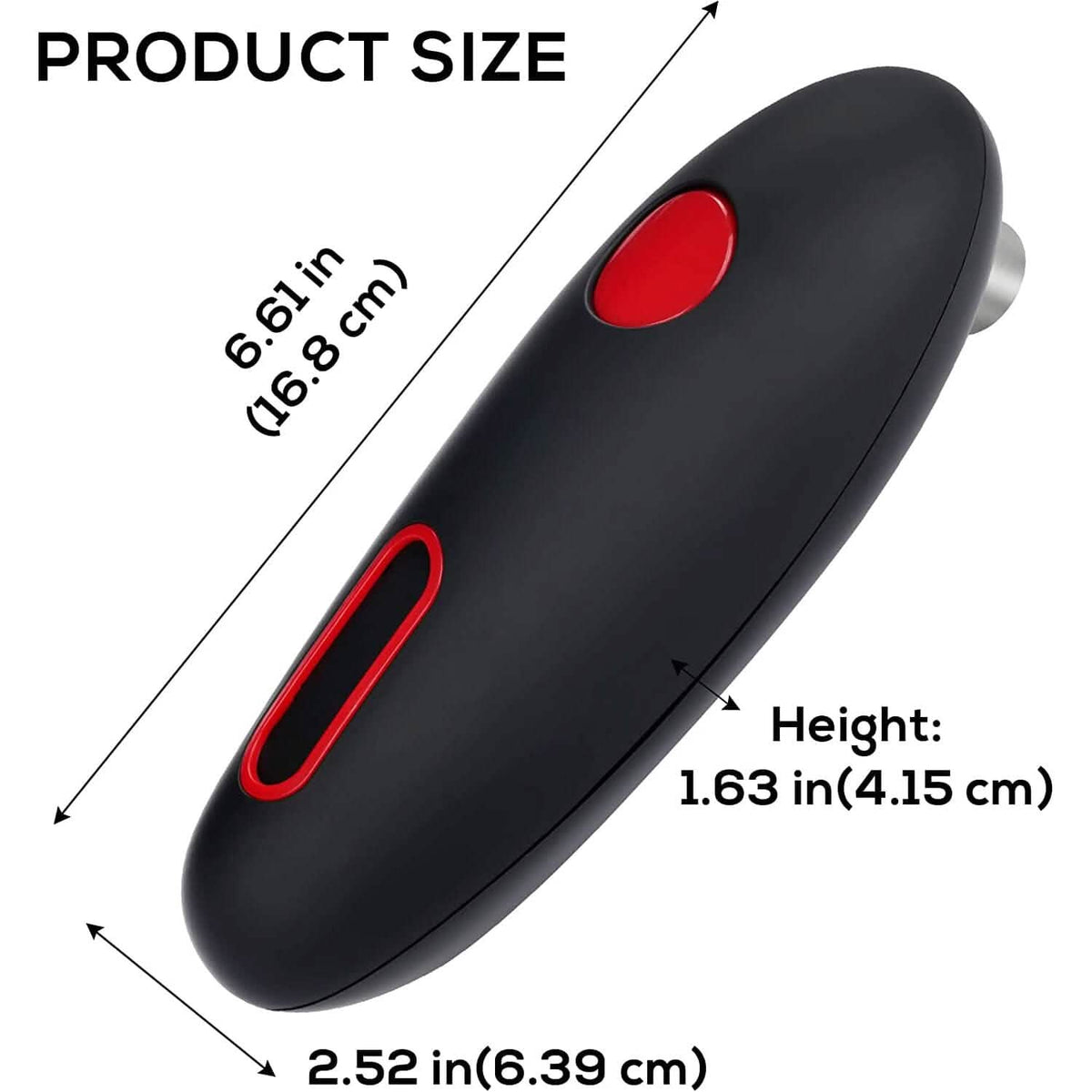 Electric can opener with one-touch on and off showing dimensions of 6.61 inches by 2.52 inches by 1.63 inches