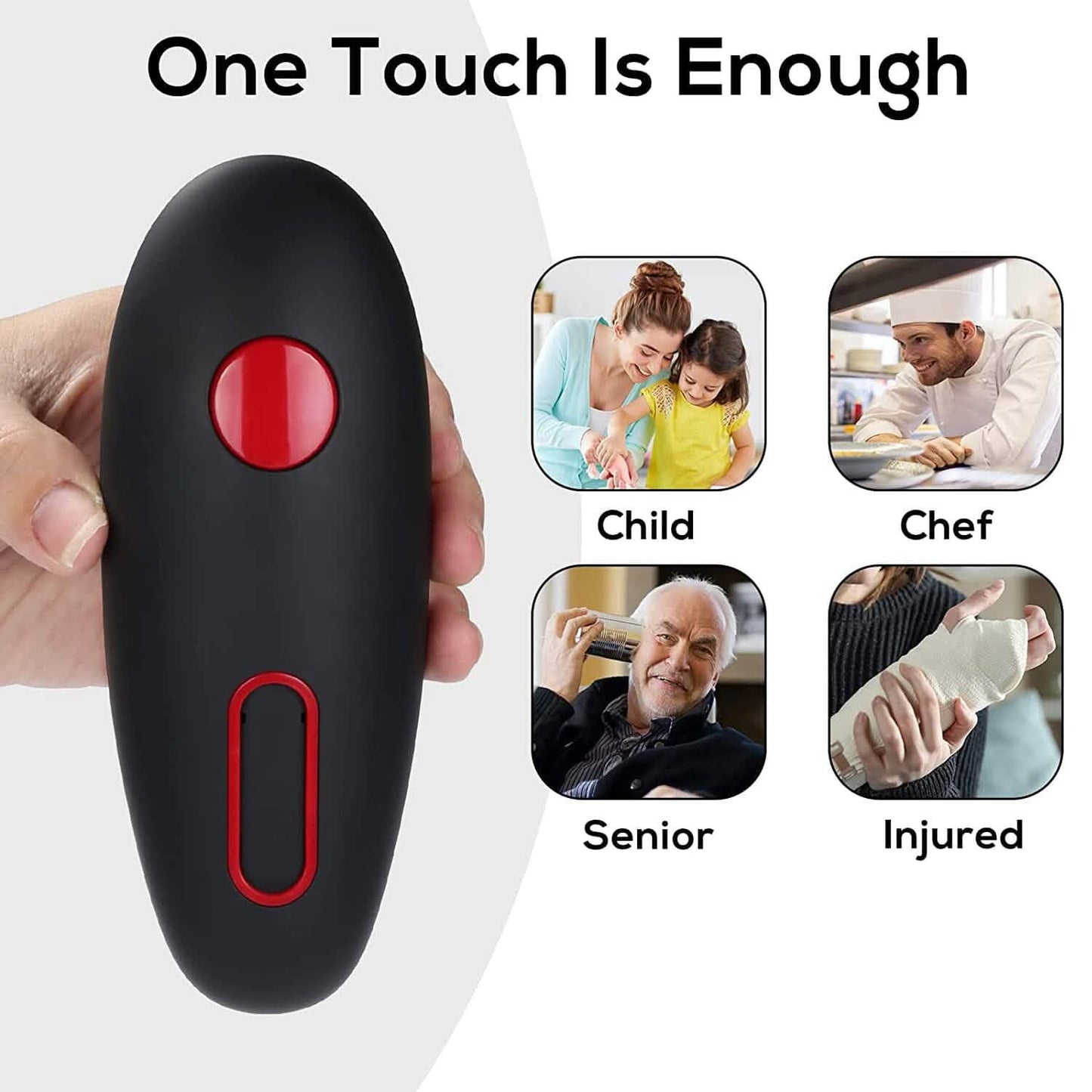 Electric can opener with one-touch button shown with child chef senior and injured person