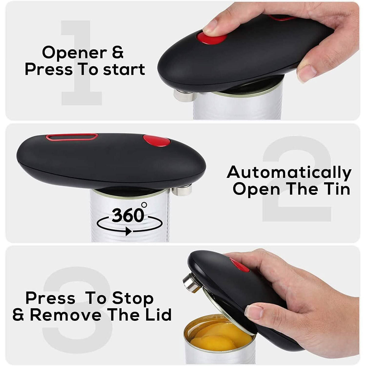 Three step guide for using an electric can opener with one touch on and off