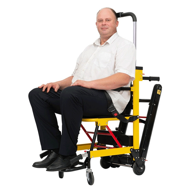 Yellow electric stair-climbing wheelchair lift with black seat and safety armrests