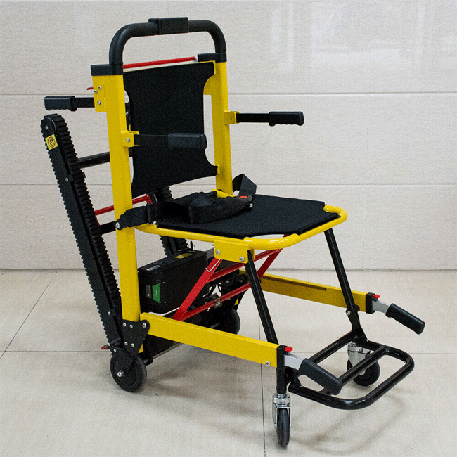 Yellow stair-climbing wheelchair lift with black backrest and wide foot platform