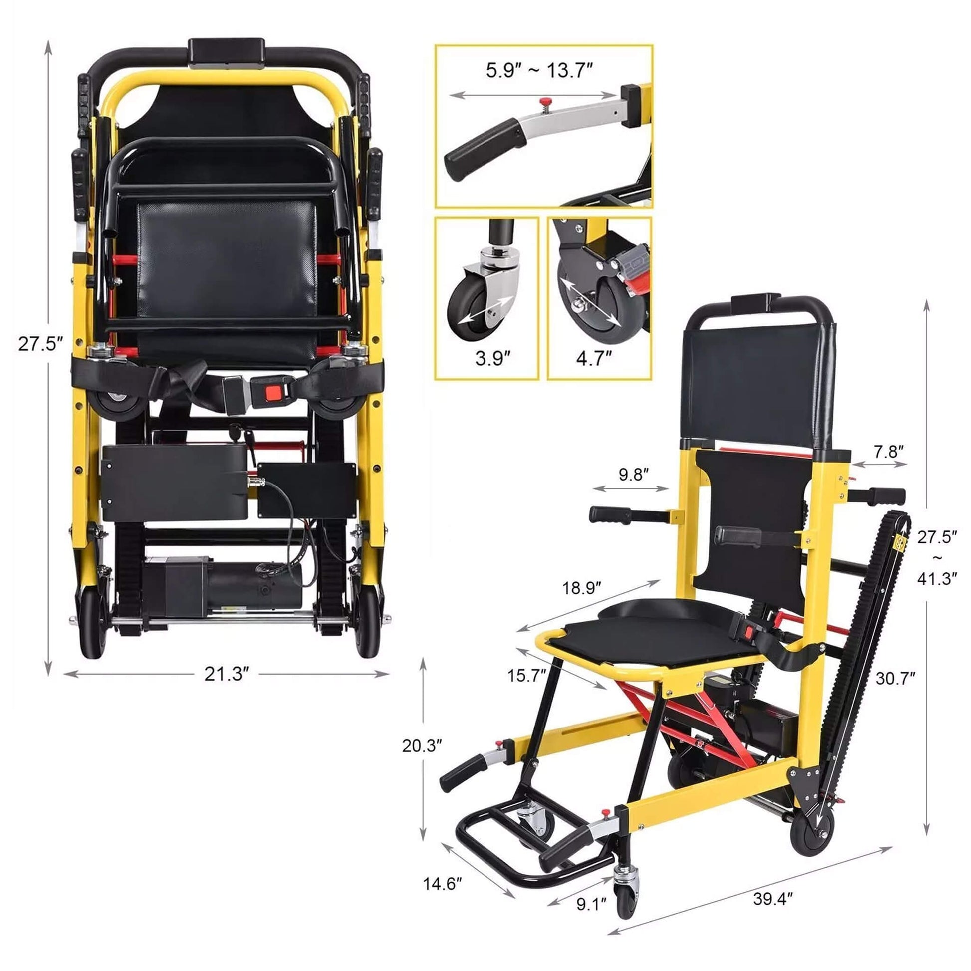 Yellow wheelchair lift with black seat and backrest shown from front and side views