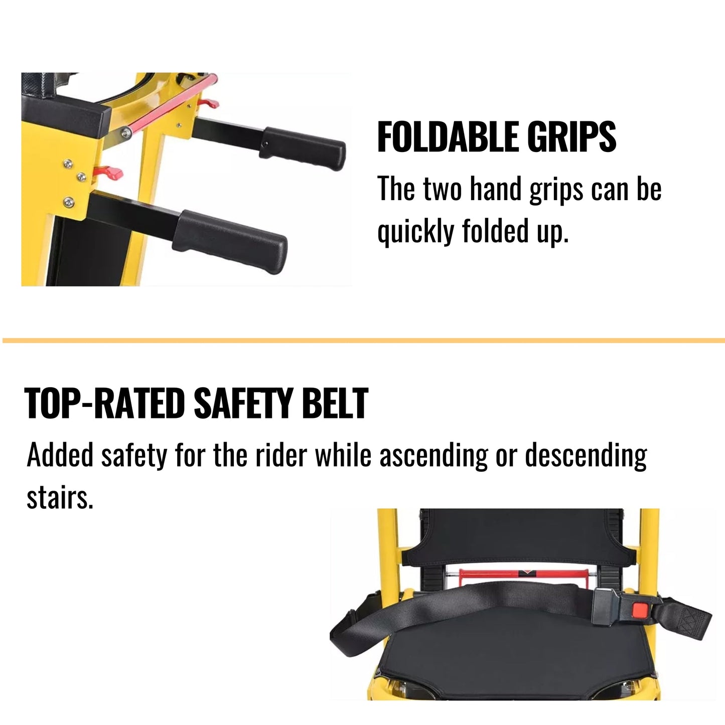 Foldable side grips and black safety belt on yellow wheelchair lift