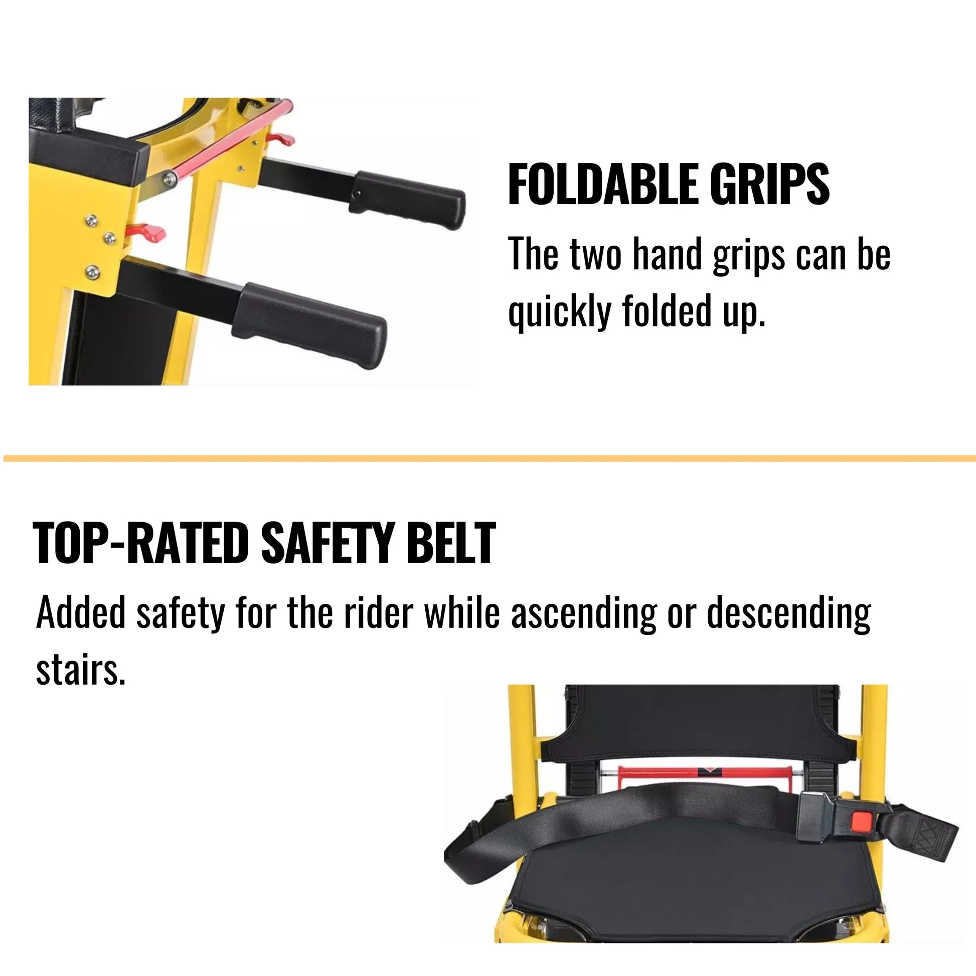 Foldable side grips and black safety belt on yellow wheelchair lift