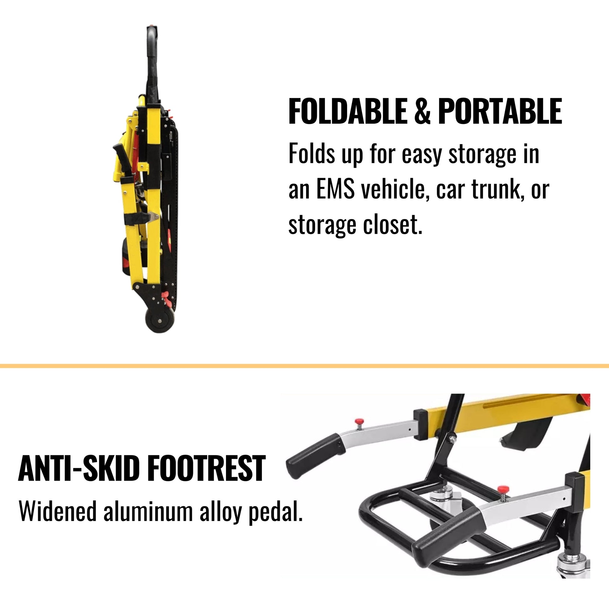 Yellow wheelchair lift with anti-skid aluminum footrest and folding frame