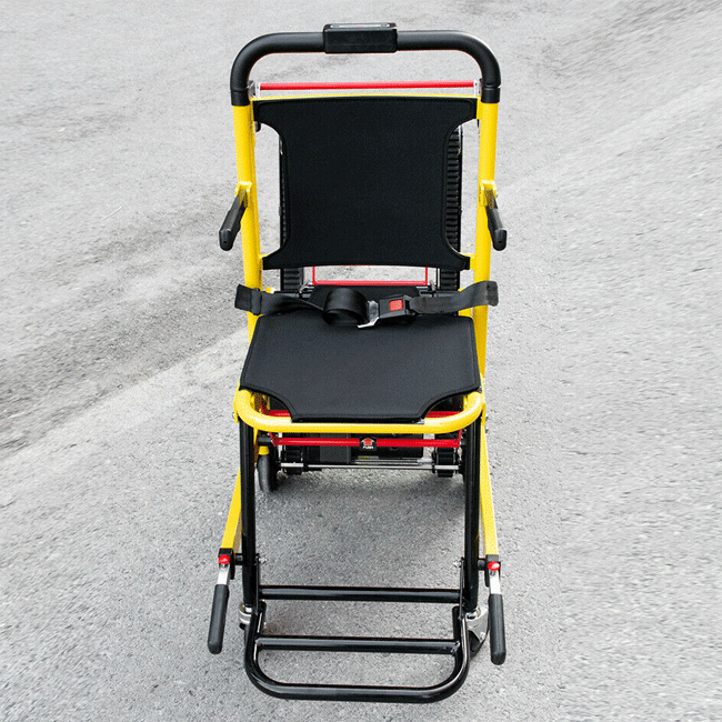 Yellow and black stair-climbing wheelchair lift with foldable seat and backrest