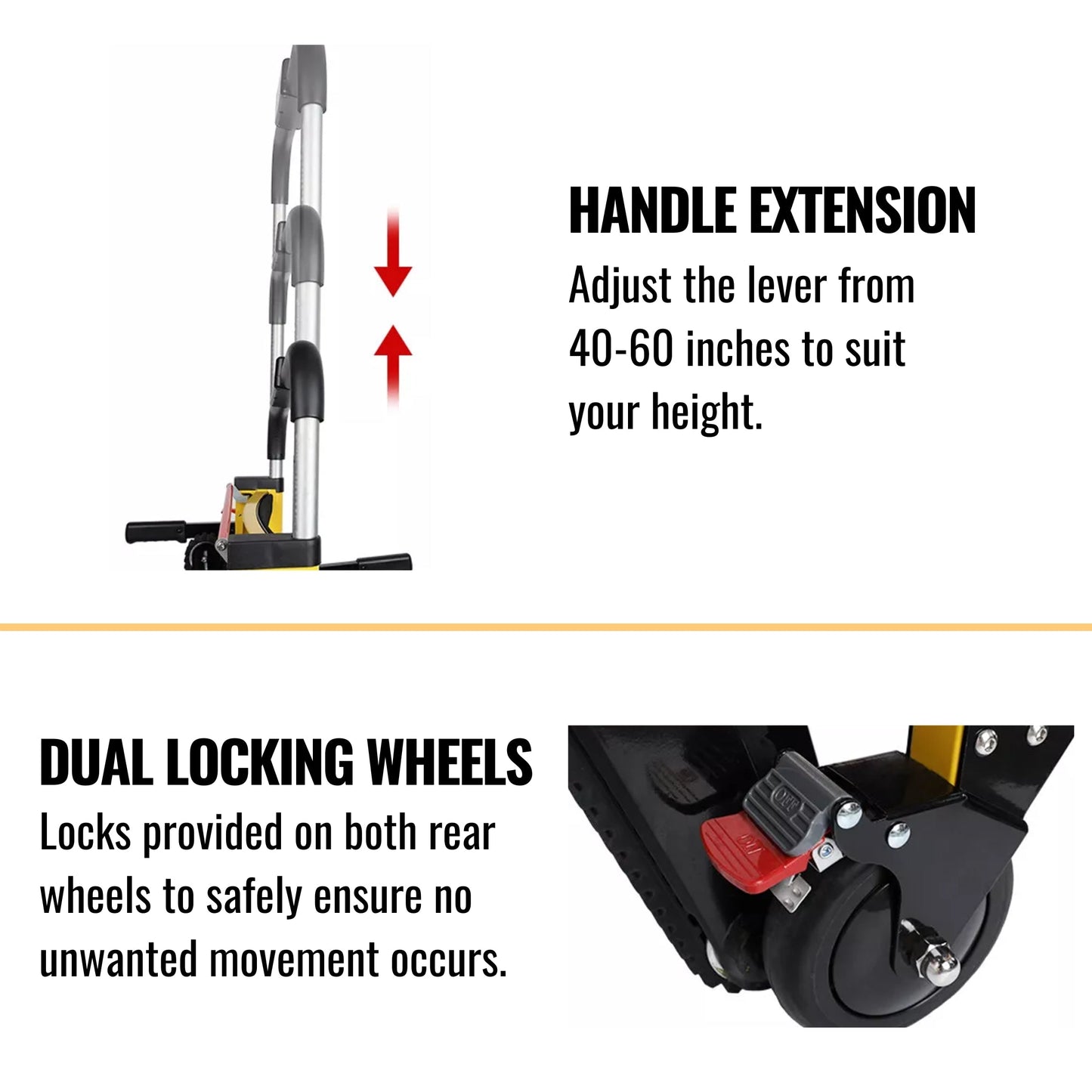 Handle extension lever on yellow wheelchair lift for adjustable operator height
