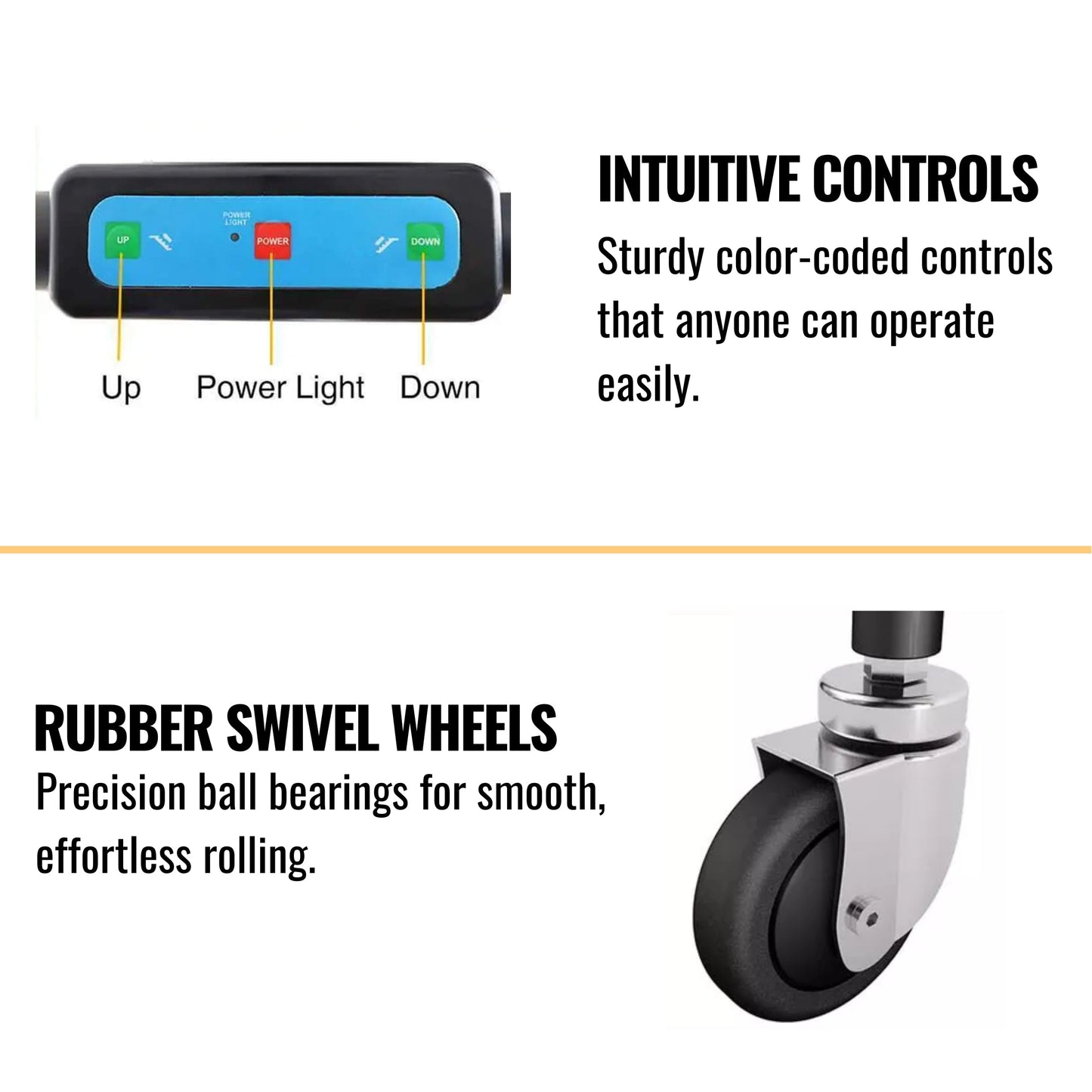 Color-coded control panel and rubber swivel wheels on yellow wheelchair lift