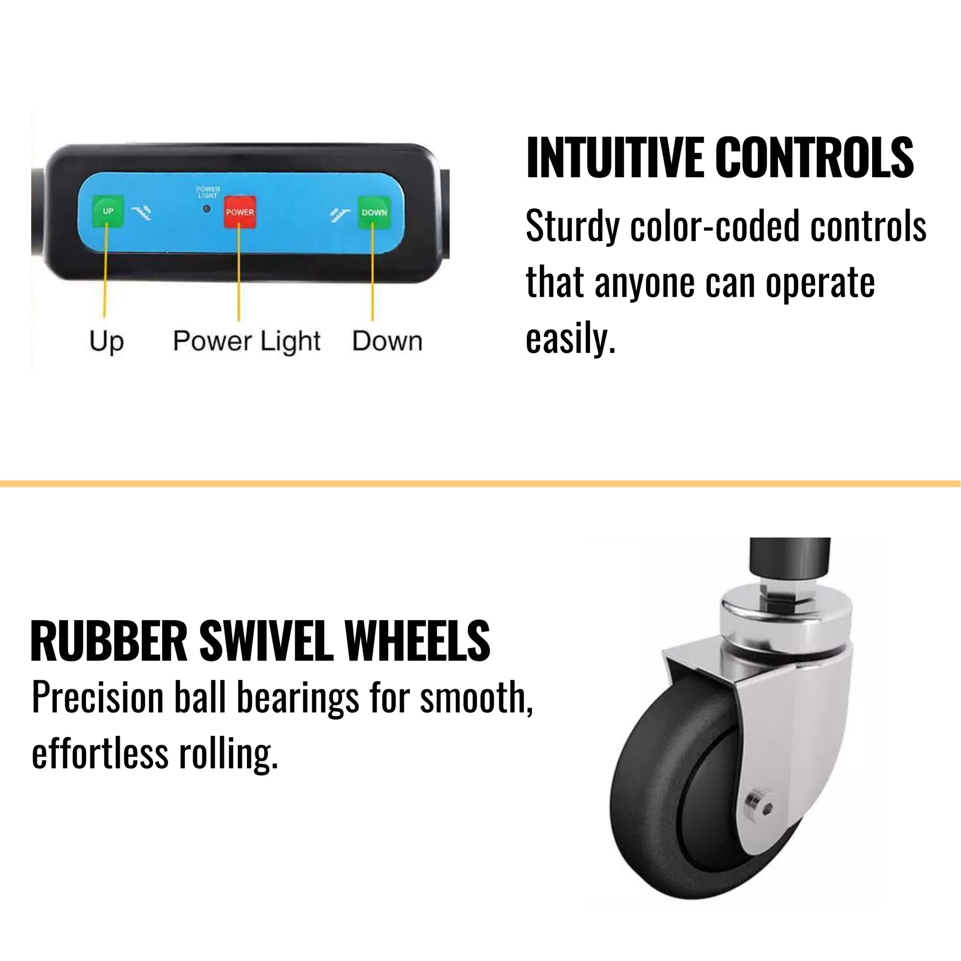 Color-coded control panel and rubber swivel wheels on yellow wheelchair lift