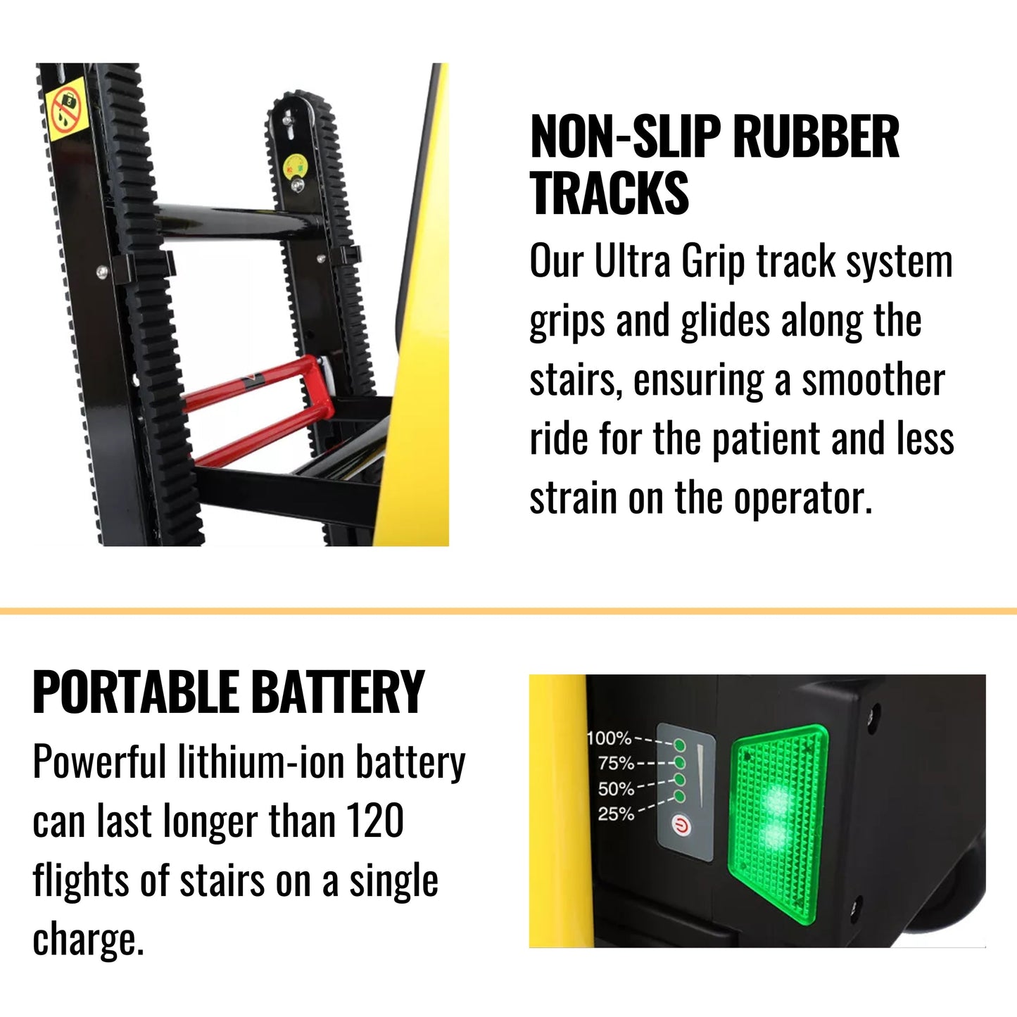 Non-slip rubber stair tracks and black ladder rails on yellow wheelchair lift