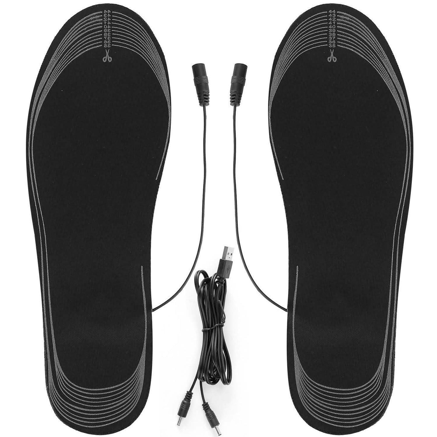Electric heated insoles, black pair with USB cable and connector wires