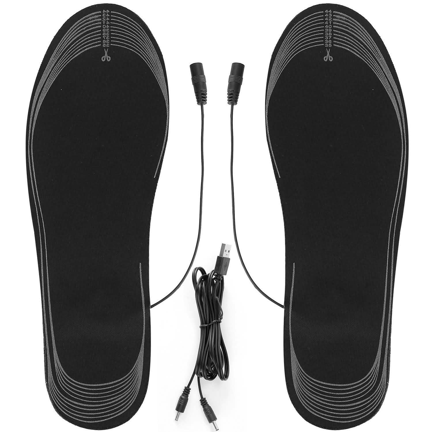 Electric heated insoles, black pair with USB cable and connector wires