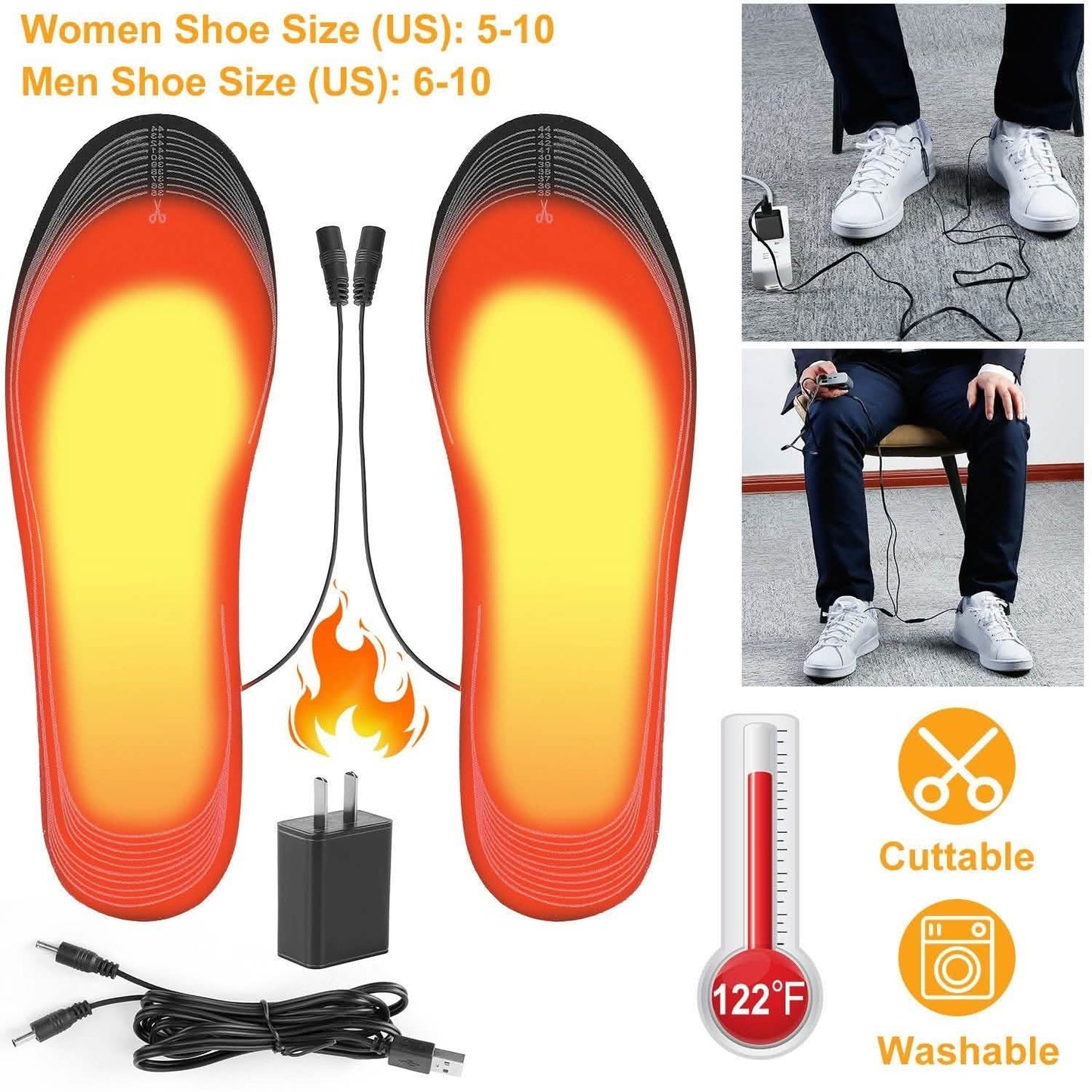 Glowing electric heated insoles with USB cable, black soles