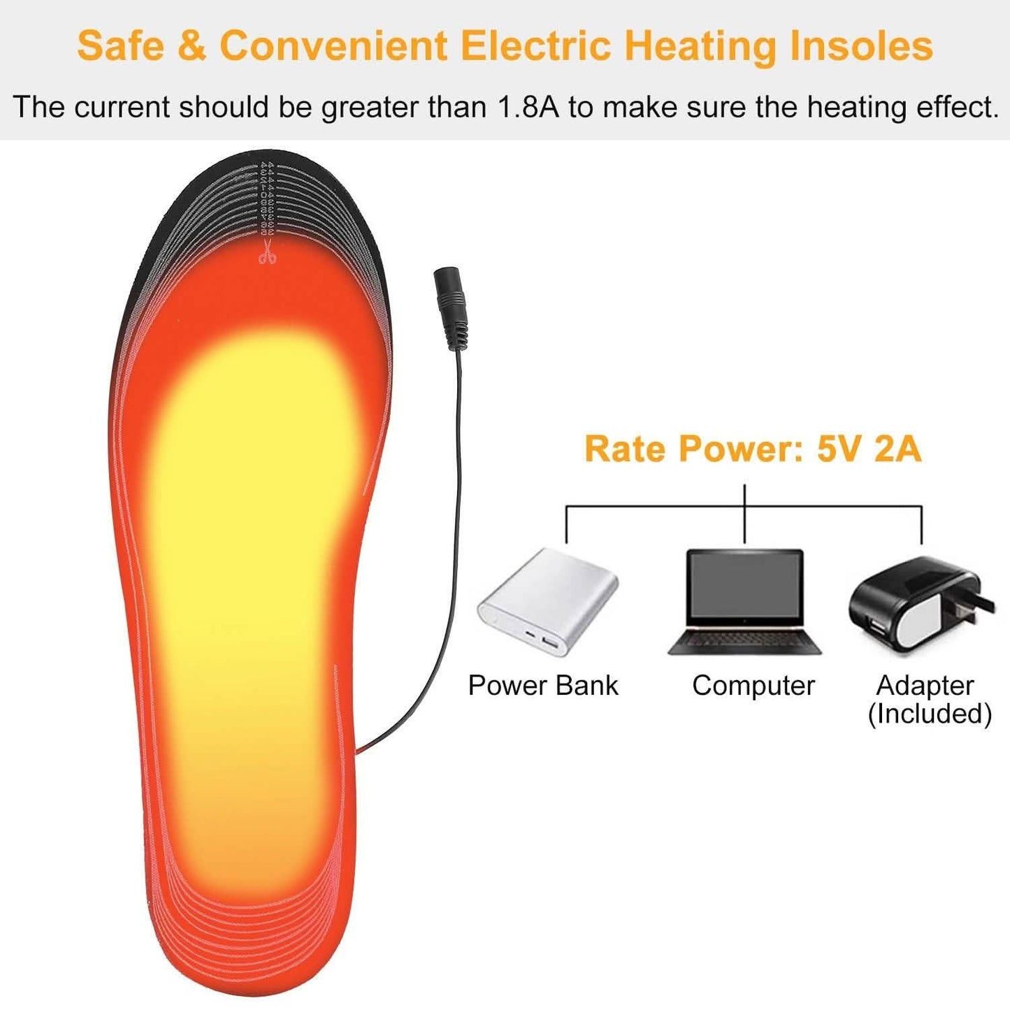 Black heated insole with USB cable and adapter/power bank connection diagram