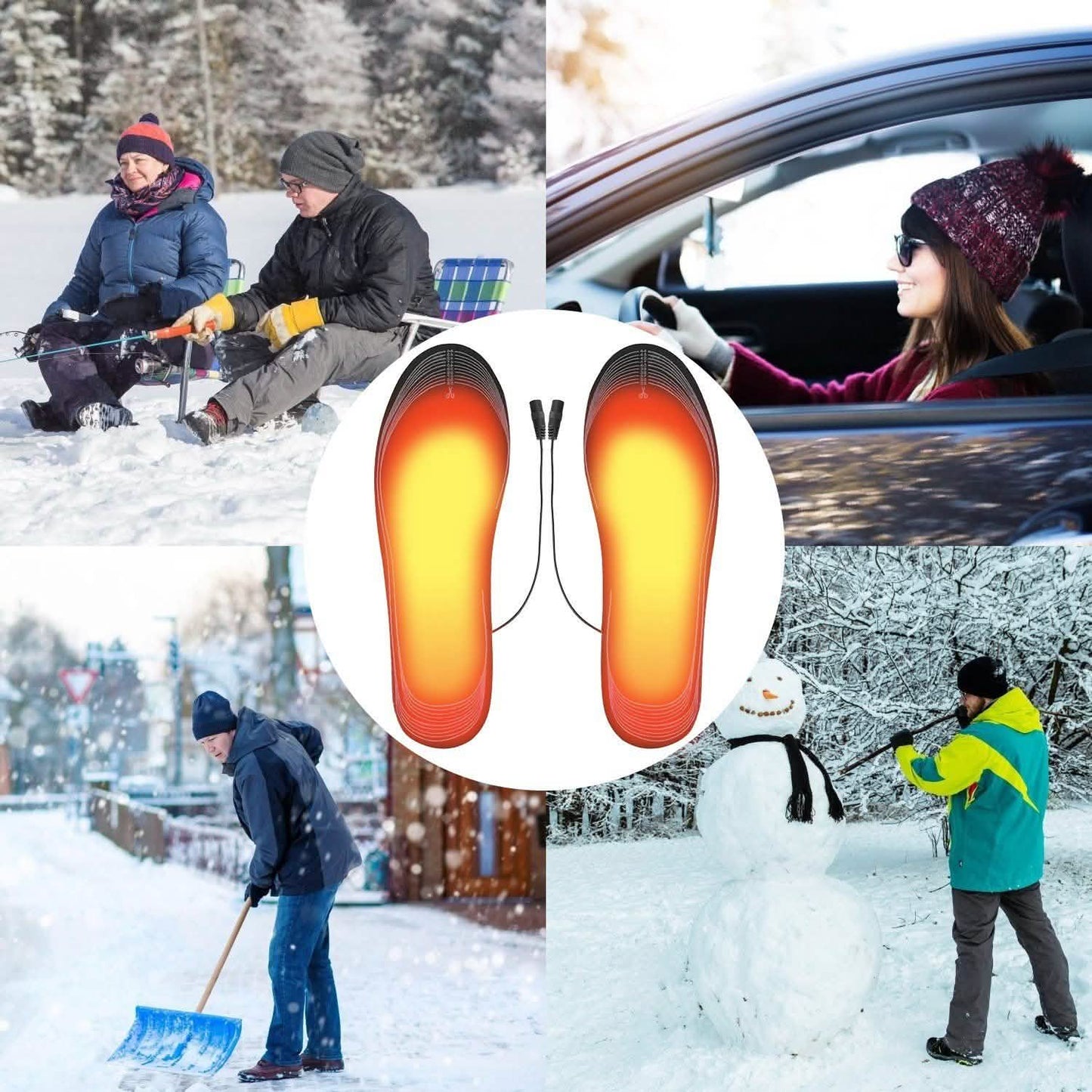 Glowing heated insoles with USB cords shown in an inset overlay