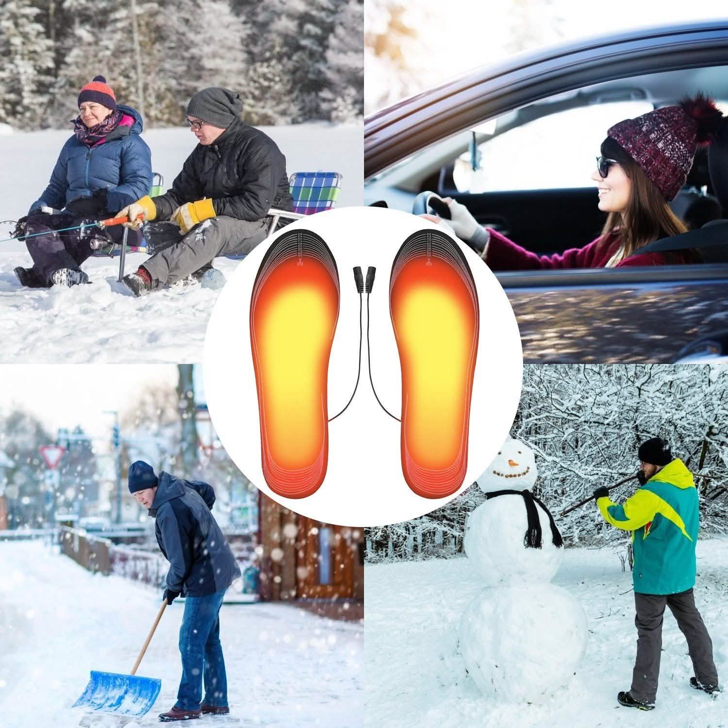 Glowing heated insoles with USB cords shown in an inset overlay